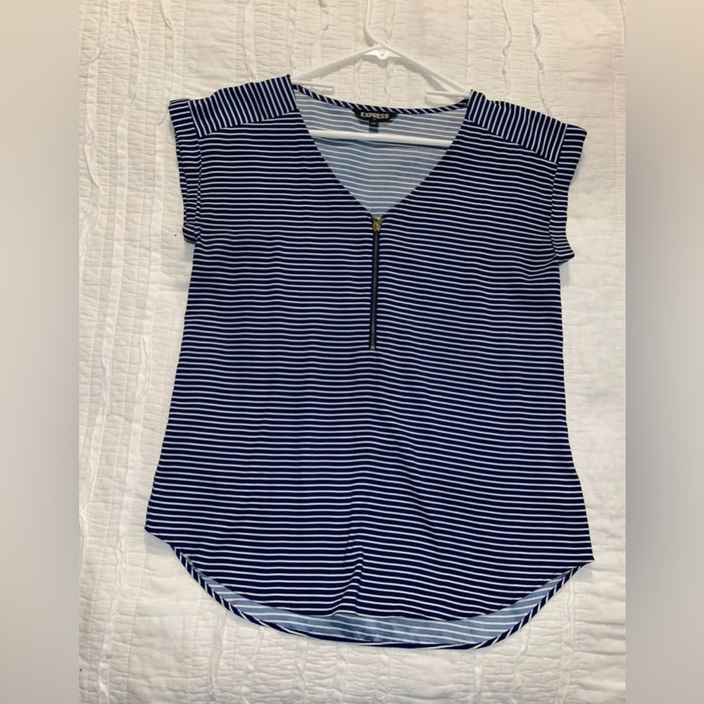 Express Navy and White Striped Zip V-Neck Top